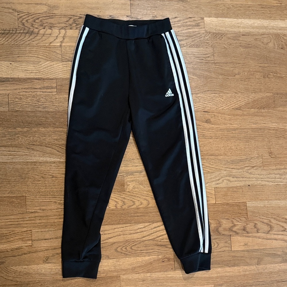 Adidas Kids Black Joggers with White Stripes size small